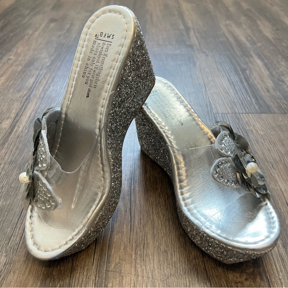 SMBF Silver Glitter Floral Slip On Wedges Platform Sandals Shoes Sparkly Y2K 8 - Picture 5 of 12